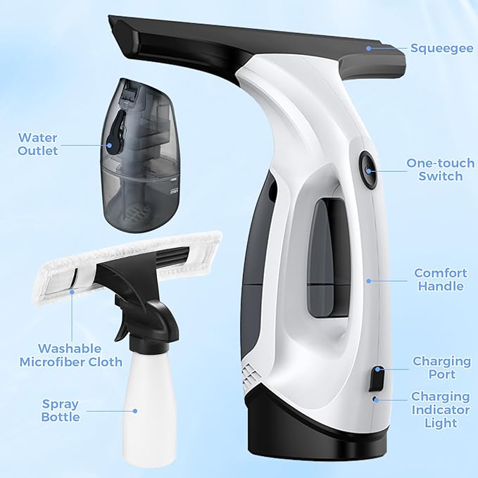 Cordless Window Vacuum Cleaner, Window Cleaner Squeegee Tool Set, Electric Windown Spray Cleaning Tool with 10 inch Squeegee Blade for Showers,Mirrors,Glass,Countertops,and Tiles, 2200mAh