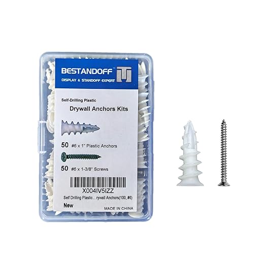 Self Drilling Plastic Dry Wall Anchor, Wall Anchors with Stainless Steel Screws Assortment Kit 100PCS, 50 Plastic Wall Anchors and 50 Flat Head Screws, Drywall Anchors(100, #6)