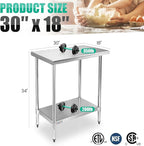 STABLEINK NSF Stainless Steel Table, 30 x 18 Inches Metal Prep & Work Table with Adjustable Undershelf, for Commercial Kitchen, Restaurant, Hotel and Garage