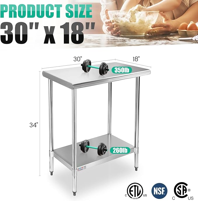 STABLEINK NSF Stainless Steel Table, 30 x 18 Inches Metal Prep & Work Table with Adjustable Undershelf, for Commercial Kitchen, Restaurant, Hotel and Garage
