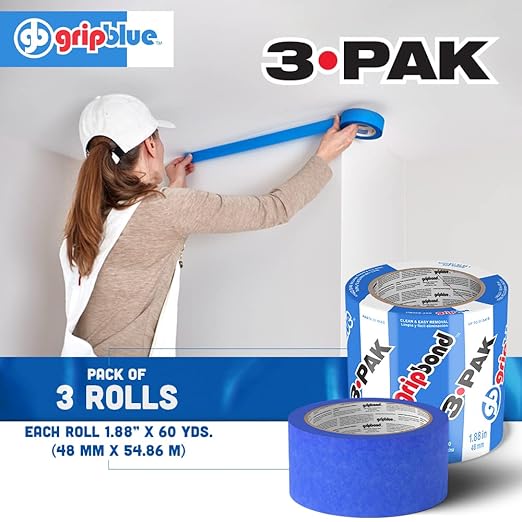 Blue Painters Tape 2 Inch Wide, 3 Rolls Masking Tape - Perfect for Precise Lines on Walls & Trim, Multi-Surface, Residue-Free, Easy Removal - Ideal for Indoor & Outdoor Use, 1.88in x 60yds