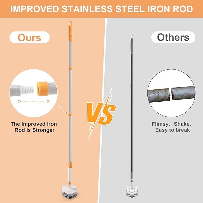 3 in 1 Shower Scrubber Cleaning Brush with Long Handle, 50'' Tub and Tile Grout Scrub Brush Stiff Bristles Lock in Place Scrub Brush Head for Bathroom Kitchen Wall Floor Bathtub Sink Glass - Upgrade