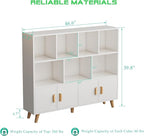 Cubby Shelf Bookcase with Doors - Wooden 11 Cube Floor Standing Open Bookshelf with Solid Wood Legs, 3-Tier Storage Cabinet, Warm White