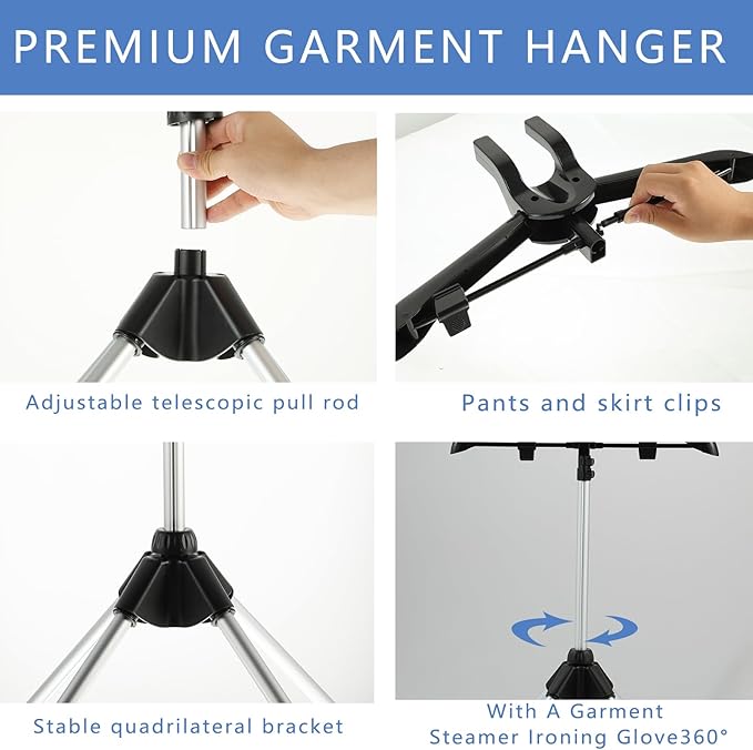 32-63 Inch Garment Steamer Rack & Garment Ironing Glove for Clothes Adjustable Steamer Stand for Clothes Adjustable Garment Hanger Standing Foldable Iron stand with Ironing Glove for Steaming Clothes