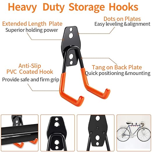 3-H Heavy Duty Garage Hooks 10 Pack, Garage Wall Hooks with Extra Welding Spots,Wall Mount Storage Organizer for Hanging Garden Lawn Tools, Chair, Shovel, Blower (Orange)