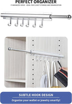 BaiNong 16.5 inch Valet Rod for Closets Pull Out Closet Valet Rod Slide Out Extra Long Silvery Valet Rods for Closets With 6 Hooks