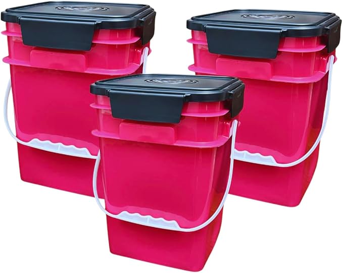 House Naturals 4 Gallon Square Food Grade Bucket Pail with Plastic Handles and Lid (Pack of 3) Made in USA containers (Magenta - Black lids)