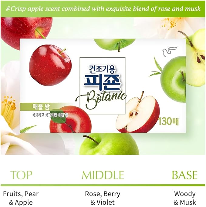 Pigeon Signature Dryer Sheets Laundry Fabric Softener, Green Apple Scent, Apple Bomb, Reduce Static Cling, Eliminate Strong Odor, infused with Flower Essence, Safe for all, 130 Counts