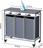 LINZINAR 3 Bag Laundry Basket Sorter Heavy Duty Rolling Lockable Wheels Laundry Hamper Cart with Ironing Board and Removable Bags, Grey