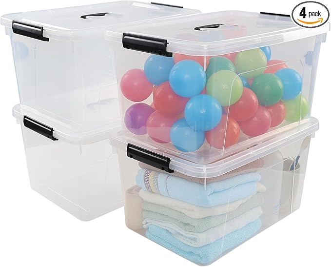 Anbers Pack of 4 Clear Latching Storage Boxes, 17.5 Quart Storage Bin with Lid and Handle