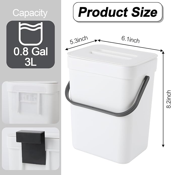 Compost Bin Kitchen, Bring 5 Rolls (100) of Garbage Bags, for Use on Countertops or Under Sinks, Hanging Trash Can with Lid, for Cupboard/Bathroom/Bedroom/Office/Camping(White 0.8 Gallon/3L)