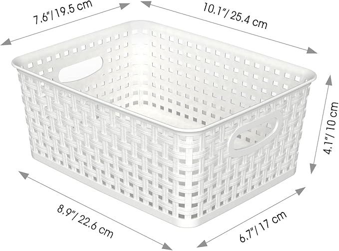 Woven Plastic Storage Baskets, 6 Pack White Weave Bins Organizer, 10.1" x 7.55" x 4.1"