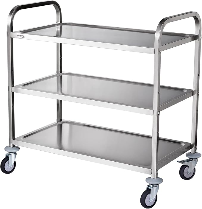 VEVOR Kitchen Utility Cart, 37.5"x19.7"x37.7" 3 Tiers Wire Rolling Cart, 450LBS Capacity Steel Service Cart with Brake Wheels, Storage Trolley with 80mm Basket PP Liner 6 Hooks, Indoor & Outdoor Use