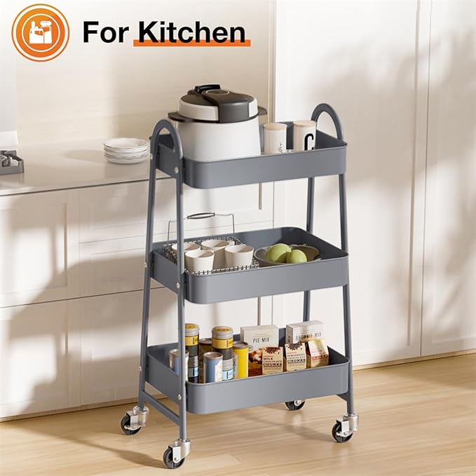 3-Tier Metal Rolling Utility Cart, Small Rolling Cart Kitchen Trolley Bathroom Laundry Room Bar Office Shelves Storage Organizer Shelving Unit with Caster Wheels for Narrow Places, Grey