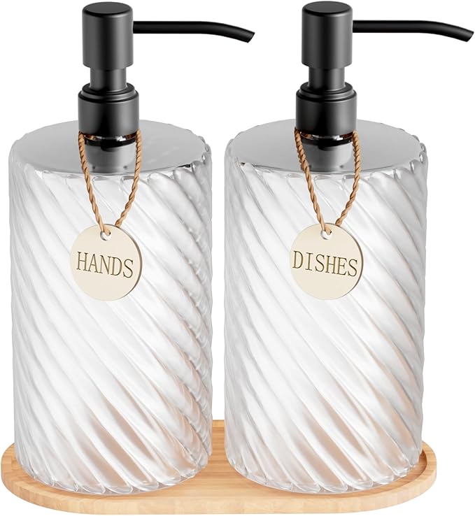 Hand Soap Dispenser Bathroom Set, Glass Dish Soap Dispenser for Kitchen Sink with Wood Tray & Black Stainless Steel Pump,Spiral Stripe Design
