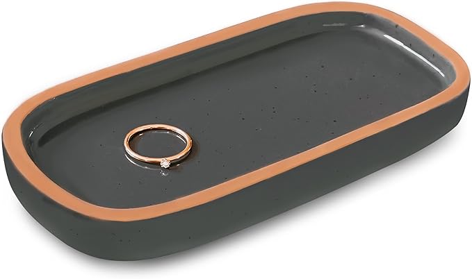 Mora Ceramic Decorative Tray - Rectangle 6.4in Dish for Jewelry, Perfume, Makeup, Accessories, Candle, in The Bathroom Vanity, Bedside, or Kitchen Counter. Cute Organizers - Black