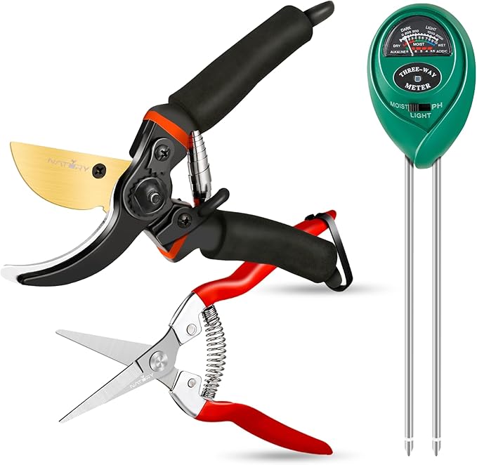 Bypass Pruning Shears Set with Garden Snips and Soil Moisture Meter – Premium Titanium Pruning Shears Heavy Duty, Micro-Tip Flower Shears – Professional Pruning Shears for Gardening