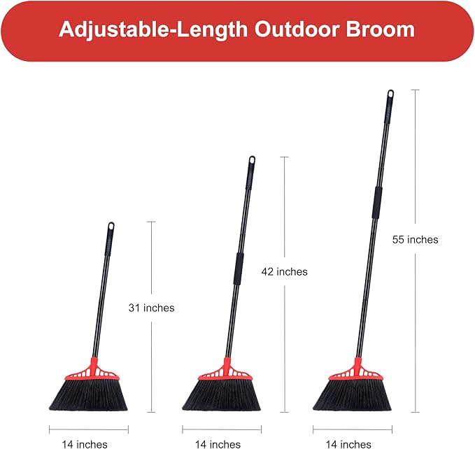 Heavy Duty Angle Broom - 55" Adjustable Iron Handle with Stiff Bristles - Commercial-Grade Indoor/Outdoor Broom for Garage, Patio, Kitchen, Sidewalk & Concrete Cleaning (Black & Red)