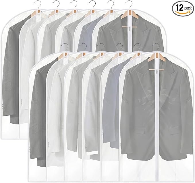 Dntorx 12 Pack Garment Bags 60 * 100cm, 40in PEVA Translucent Garment Covers, Suit Storage Bags, Dress Organizer Bags Used To Protect Shirts, Winter Coats, Jackets（White Edge）