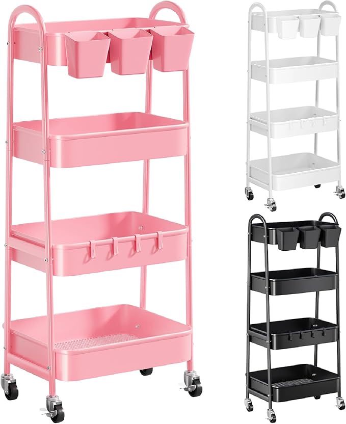 4 Tier Metal Rolling Cart with Lockable Wheels and Handle, Four Tiered Pink Trolley Cart on Wheels, Utility Storage Organizer for Bathroom, Kitchen, Teachers, Art, Crafts, Baby Diaper, Snack, Nail