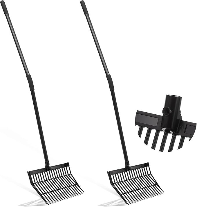 Lasnten 2 Set Pitch Fork Manure Fork with Long Handle Pitchfork Muck Rake Tool for Gardening Horse Stall Stable Grass Hay Cleaning Farm Work(Plastic Head)