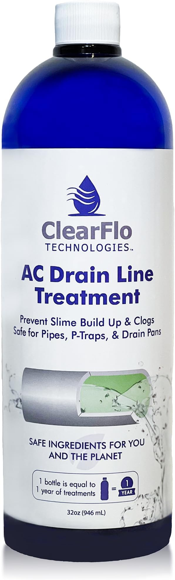 AC Drain Line Treatment 32 oz | Up to 1 Year Supply | Chlorine Free Non Toxic Formula with Natural Tea Tree Oil | Simple 3 Ingredient Solution | Safe for Homes and Institutions