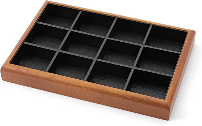 Oirlv Solid Wood 12 Grid Jewelry Organizer Tray Jewelry Drawer Organizer for Rings Earrings Storage Display(Black)