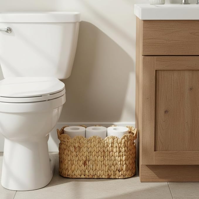 Toilet Paper Storage Basket,Scalloped Wicker Basket for Bathroom Organizers and Storage,Hand-Woven Rattan Bathroom Decor Accessories,Natural Water Hyacinth