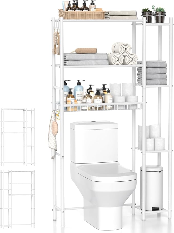 Over The Toilet Storage Organizer - 7 Tiers Space Saving Bathroom Shelves, Adjustable Above Toilet Shelf Rack, Metal Organizer Shelf Over Toilet for Bathroom Storage and Organization, White
