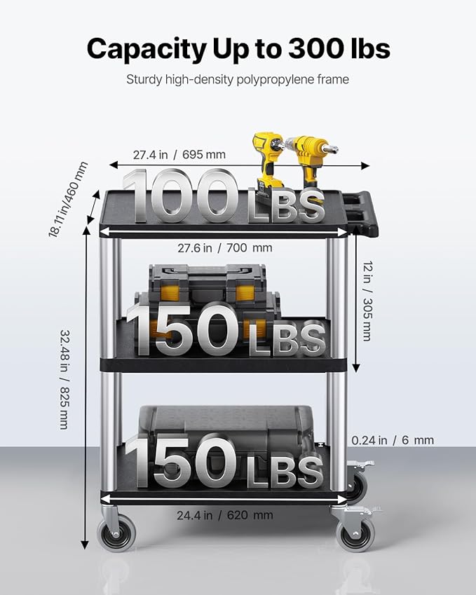 VEVOR Utility Cart, 300 lbs Load Capacity, 27.6 x 18.1-inch Service Cart, Three-Shelf Heavy Duty Plastic Utility Cart with 360° Swivel Wheels (2 with Brakes), Suitable for Warehouse, Garage, Cleaning