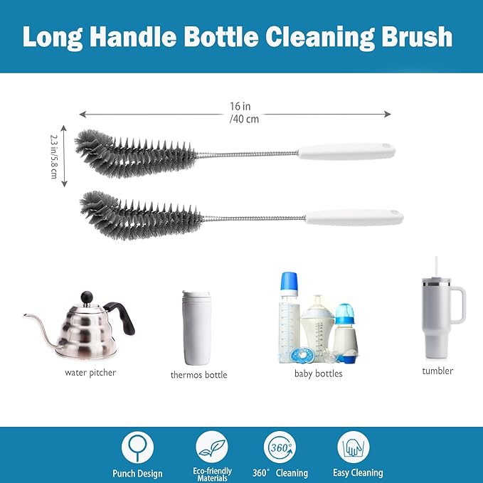 16 inches Long Handle Black Bottle Cleaning Brushes - Perfect for Baby Bottles, Sports Bottles, Glassware, Mugs, Jars, and Stemware (2-pc)