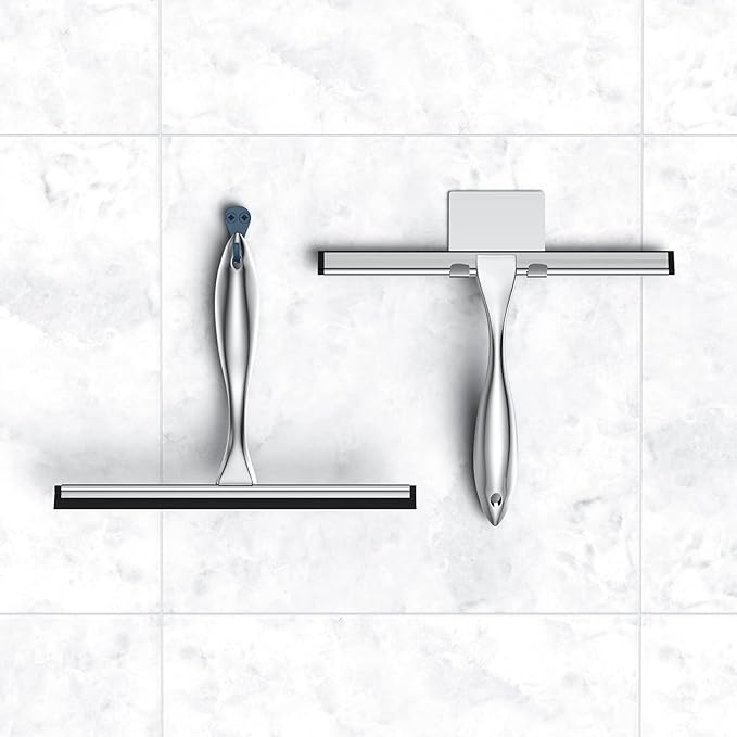 Shower Squeegee and Window Squeegee, Stainless Steel, 100% Streak-Free, Cleaner for Bathroom Showers Glass Doors, Home Mirrors, Car Windows Wiper, Adhesive Holder, Shower Door Hook, 10 Inch, Silver