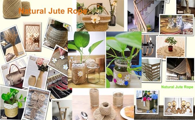 1/6 in (4 mm) X 328 Ft (100 Meters) Jute Twine Rope String for Home Decorating, Cat Scratcher Post Tree, DIY Arts Crafts, Garden, Binding, Packing Material