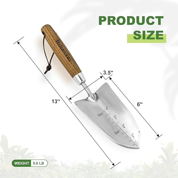 Haliaeetus Garden Trowel with Serrated Edge, 4'' Depth Marks Planting Shovel, V-Shaped Sharp Edge Garden Tool, Stainless Steel with Comfortable Wood Handle for Planting and Weeding
