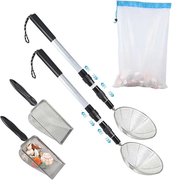 Beach Sand Sifter, 2 Beach Sifting Sand Telescoping Pole Sets with Scoops, Baskets, Mesh Bag, for Kids Picking Up Shells Shovels Shark Teeth