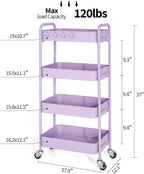 TOOLF 4-Tier Metal Rolling Cart with Wheels, Storage Utility Organizer Cart for Kitchen, Bathroom, Office, Baby Essentials & Makeup - Lockable Casters, Easy Assembly, Large Capacity, Purple