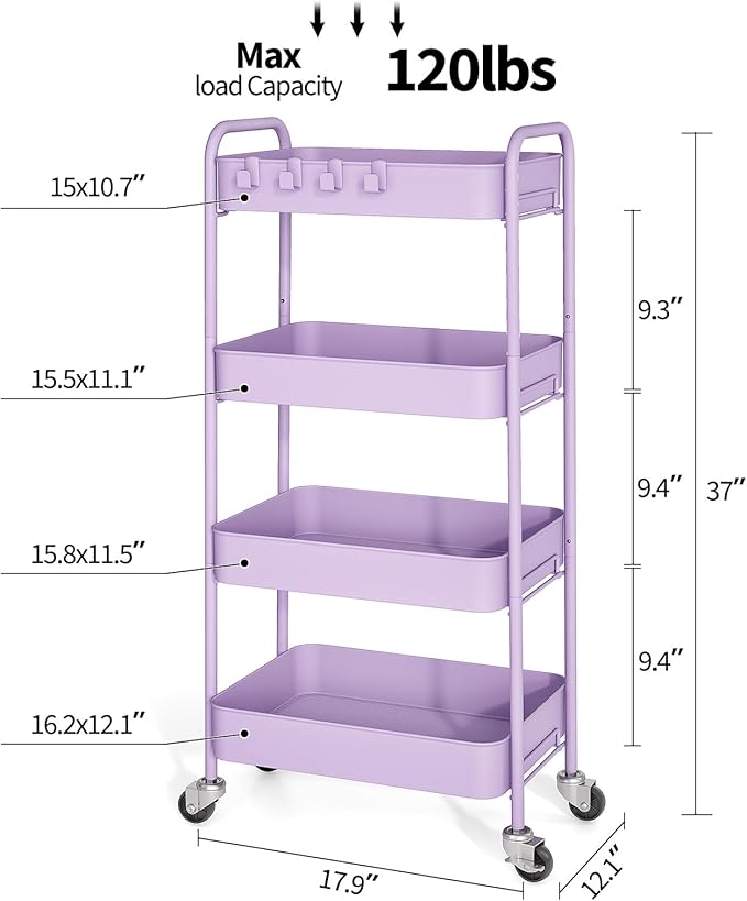 TOOLF 4-Tier Metal Rolling Cart with Wheels, Storage Utility Organizer Cart for Kitchen, Bathroom, Office, Baby Essentials & Makeup - Lockable Casters, Easy Assembly, Large Capacity, Purple