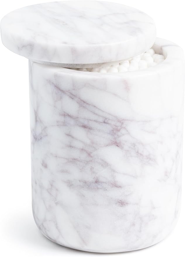 Cork & Mill Marble Bathroom Container with Lid - Holder for Qtip Swabs, Cotton Balls, Pads, Rounds, or Floss Picks - White Apothecary Jar for Q Tips - Canister for Organizing Bathroom Counter Vanity