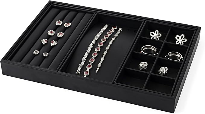 Oirlv 4 in 1 Black Premium Leather Multifunctional Jewelry Display Tray for Rings,Earrings and Bracelets Organizer and Storage