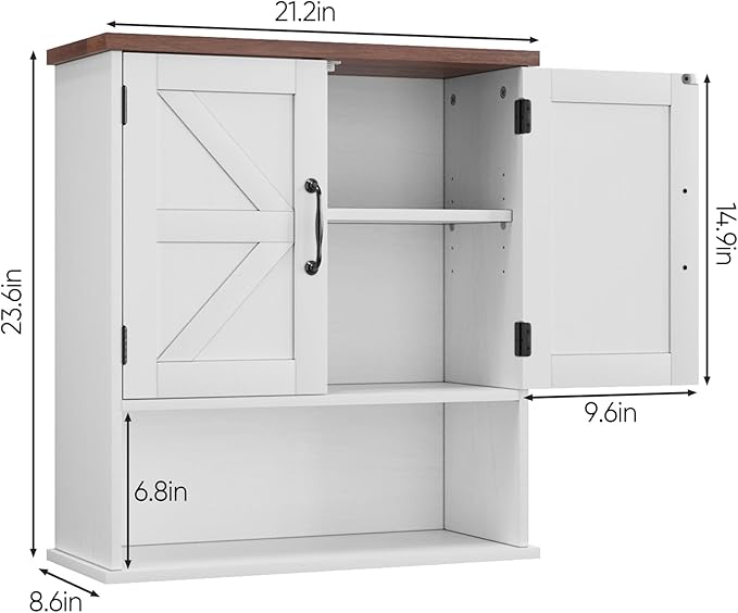 Bathroom Wall Cabinet with Barn Doors, Wall Mounted Bathroom Cabinet, Farmhouse Style, Adjustable Shelf, Wall Mounted Medicine Cabinets, White