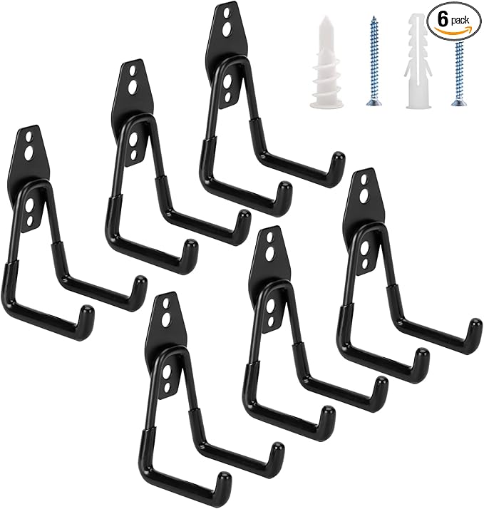 6 Pack Garage Hooks Heavy Duty - Supports 100 lbs, Utility Steel Garage Hanger & Organizer for Organizing Garden Lawn Tools, Ladders, Garden Hose, Digging Shovel, Bikes, Ropes