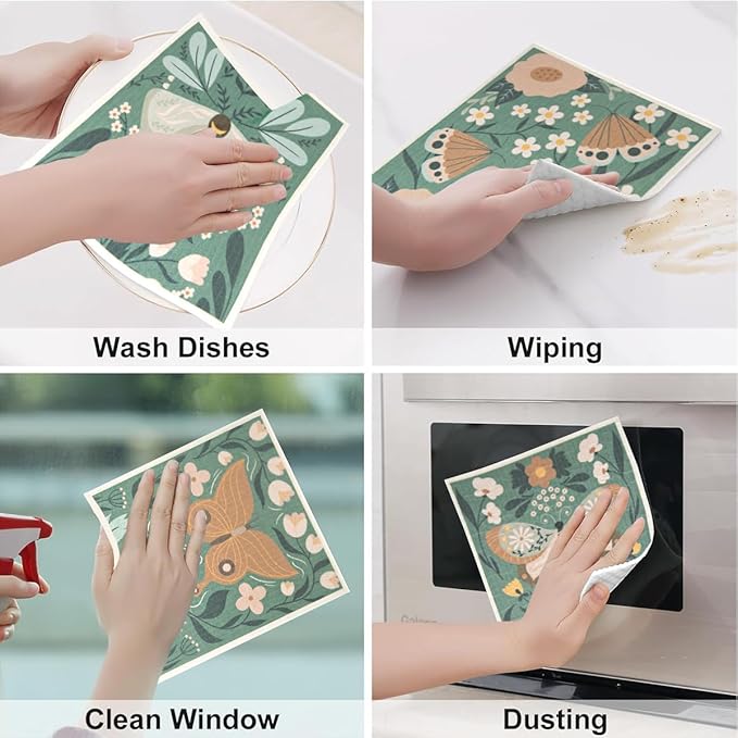 6 - Pack Swedish Kitchen Dish Cloths - Reusable Paper Towels for Counters & Dishes - Eco Friendly Cellulose Sponge Cloth - Assorted (Butterfly)
