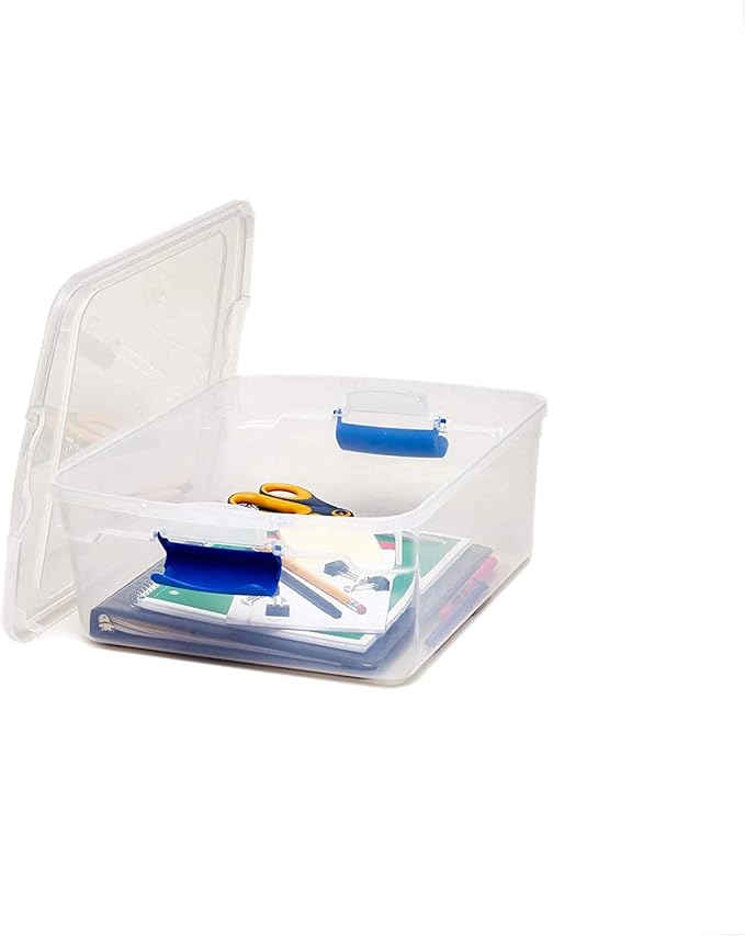 HOMZ 4-Pack Latching Lid, Small Clear Plastic Storage Bins w/ Lids, 15.5 Quart, Blue Latch - Stackable Container Boxes for Home, Bathroom, and Office Organization