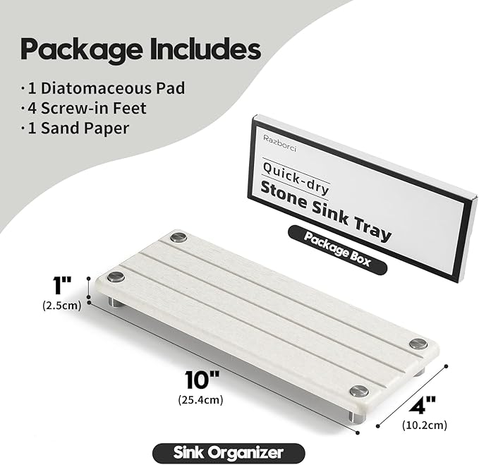 Quick Dry Bathroom Tray & Kitchen Sink Organizer, Water Absorbing Countertop Sponge Holder Soap Dish, Diatomaceous Earth Stone Vanity Dispenser Toothbrush Bottle, Gray Beige, 10" x 4"