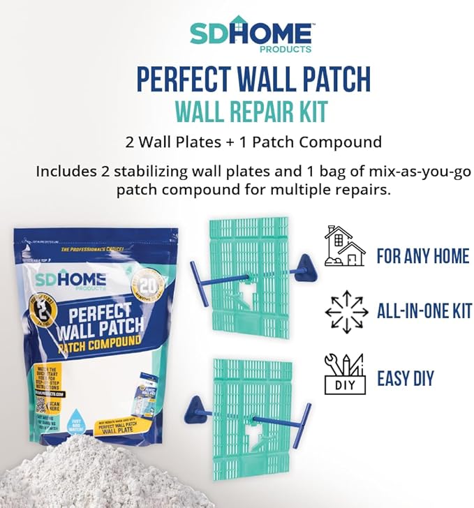 Drywall Repair Plate & Compound Kit by SD Home, Fix Large Holes Fast, Pack of 2 Wall Backing Plates & 1 Fast-Drying Spackle Filler Bag, Easy & Quick DIY Patching for Cracks & Wall Damage