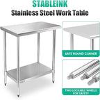 STABLEINK NSF Stainless Steel Table, 30 x 18 Inches Metal Prep & Work Table with Adjustable Undershelf, for Commercial Kitchen, Restaurant, Hotel and Garage
