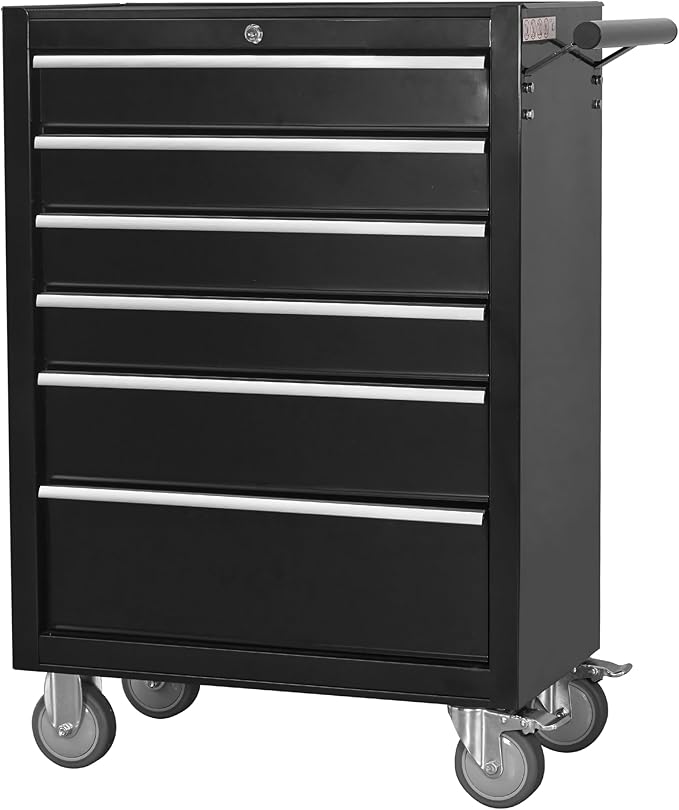 Tool Chest Cabinet, Large Capacity Metal Tool Box with Wheels and Cylinder Locking, Roll Around Storage Organizer Tool Cart for Garage, Redtool cabinets on Wheels (Black, 6-Drawer-Wheel)