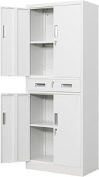 Metal Storage with 1 Drawer, 71" Cabinet with 4 Locking Doors and 2 Adjustable Shelves, Steel Storage File Cabinet for Pantry, Kitchen, Office, Garage (White)