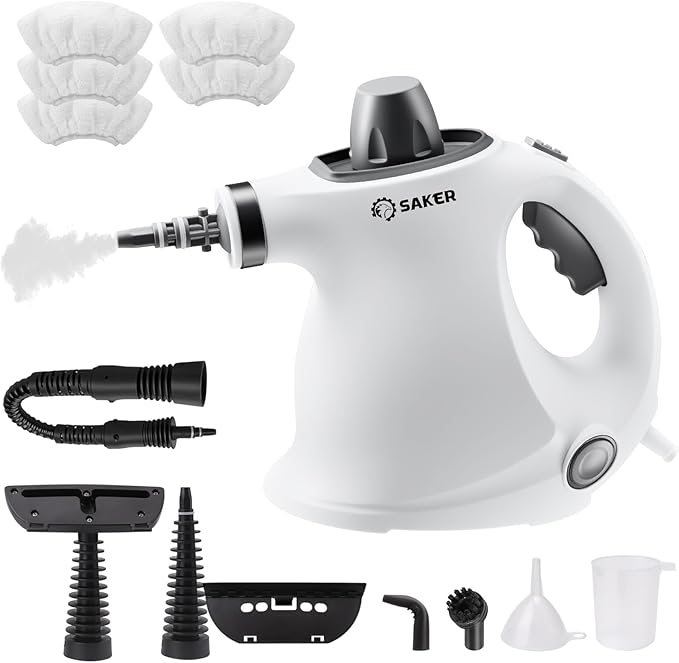 Saker Handheld Steam Cleaner,Portable Steam Cleaner for Home,Powerful 1050W Steam Cleaner Set,Includes 8 Attachments and 5 Fiber Cloths for Quick Heating & Deep Cleaning of Floors, Cars, and Kitchen