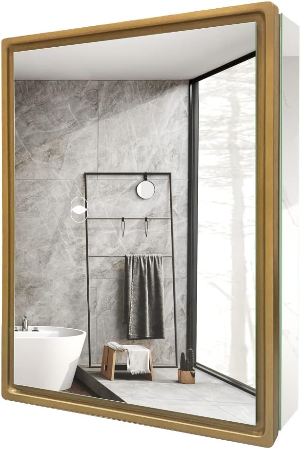 16x20 Inch Bathroom Medicine Cabinet with Gold Framed Mirror – Recessed or Surface Mount Storage Cabinet, Single Door Rustic Farmhouse Design